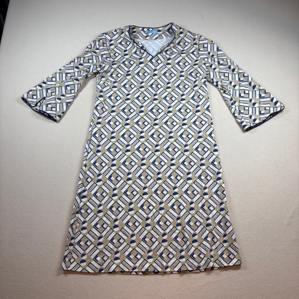 J. McLaughlin Catalina Cloth Judith Geometric Shift Dress Sz Sm Navy Tan Green